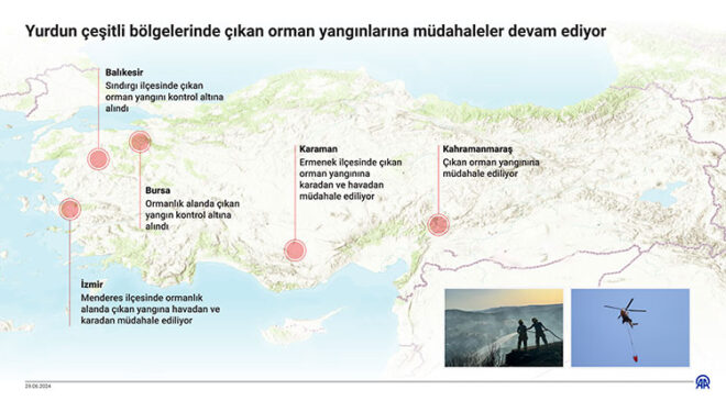Yurdun çeşitli bölgelerinde çıkan orman yangınlarına müdahaleler devam ediyor