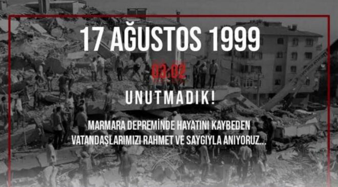 17 Ağustos 1999 Marmara Depreminde hayatını kaybeden vatandaşlarımızı saygı ve rahmetle anıyoruz.